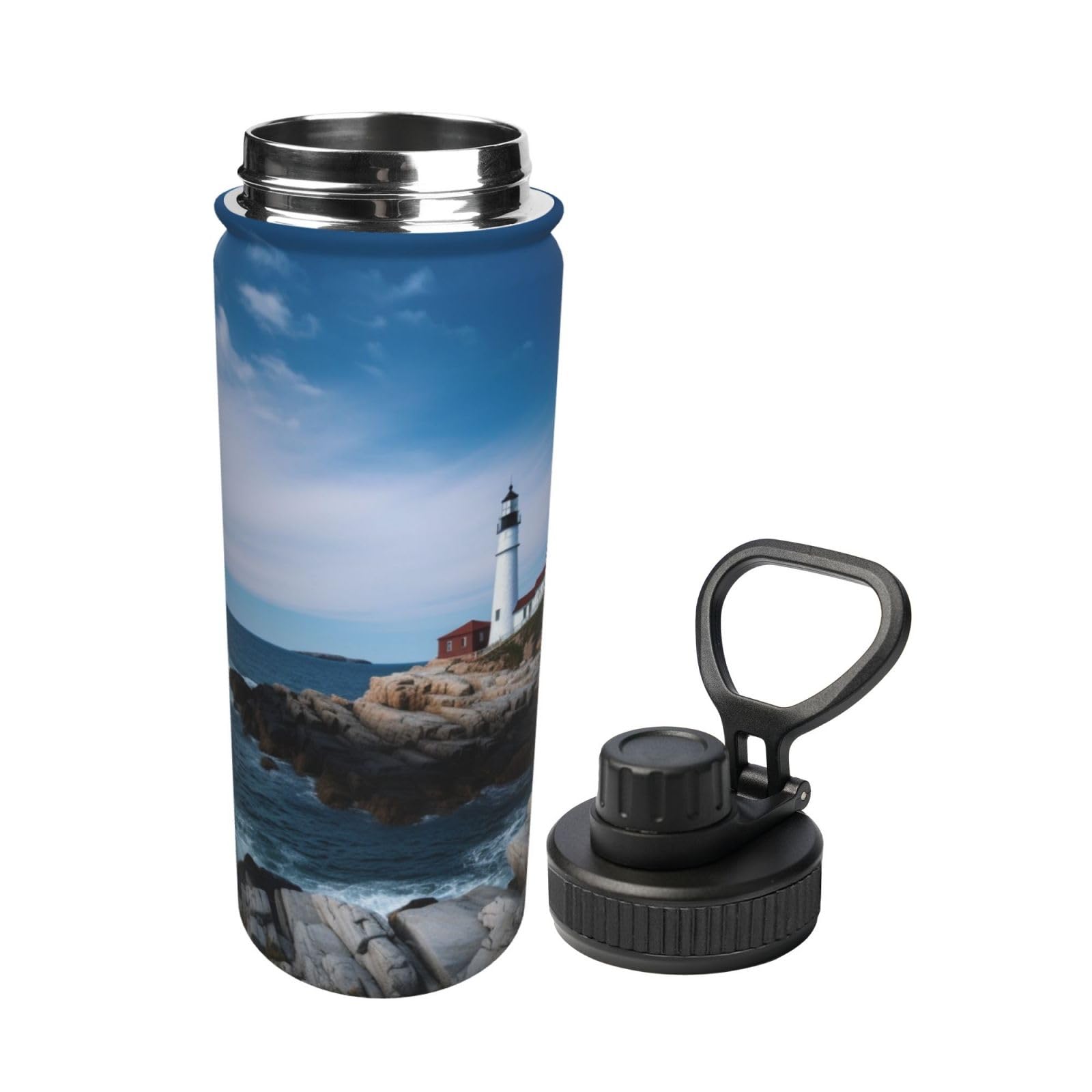 SHIRMDIY Lighthouse Tree 18 oz Stainless Steel Water Bottles Insulated Sports Water Bottle with Spout Lid, Blue Sea Reef Double Wall Travel Water