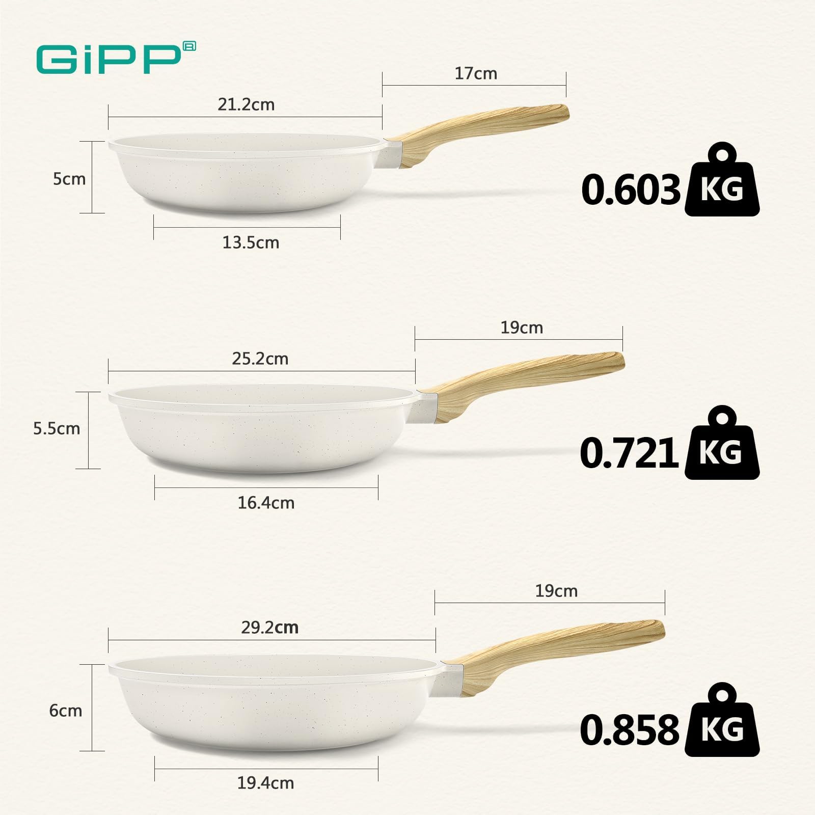 GiPP Traje de Olla Antiadherente de Granito - Cocina No Tóxica, Bandeja de Huevo Frito Con Mango Refrigerado, Fácil de Limpiar, Compatible Con Inducción (Blanco, 3 Piezas)