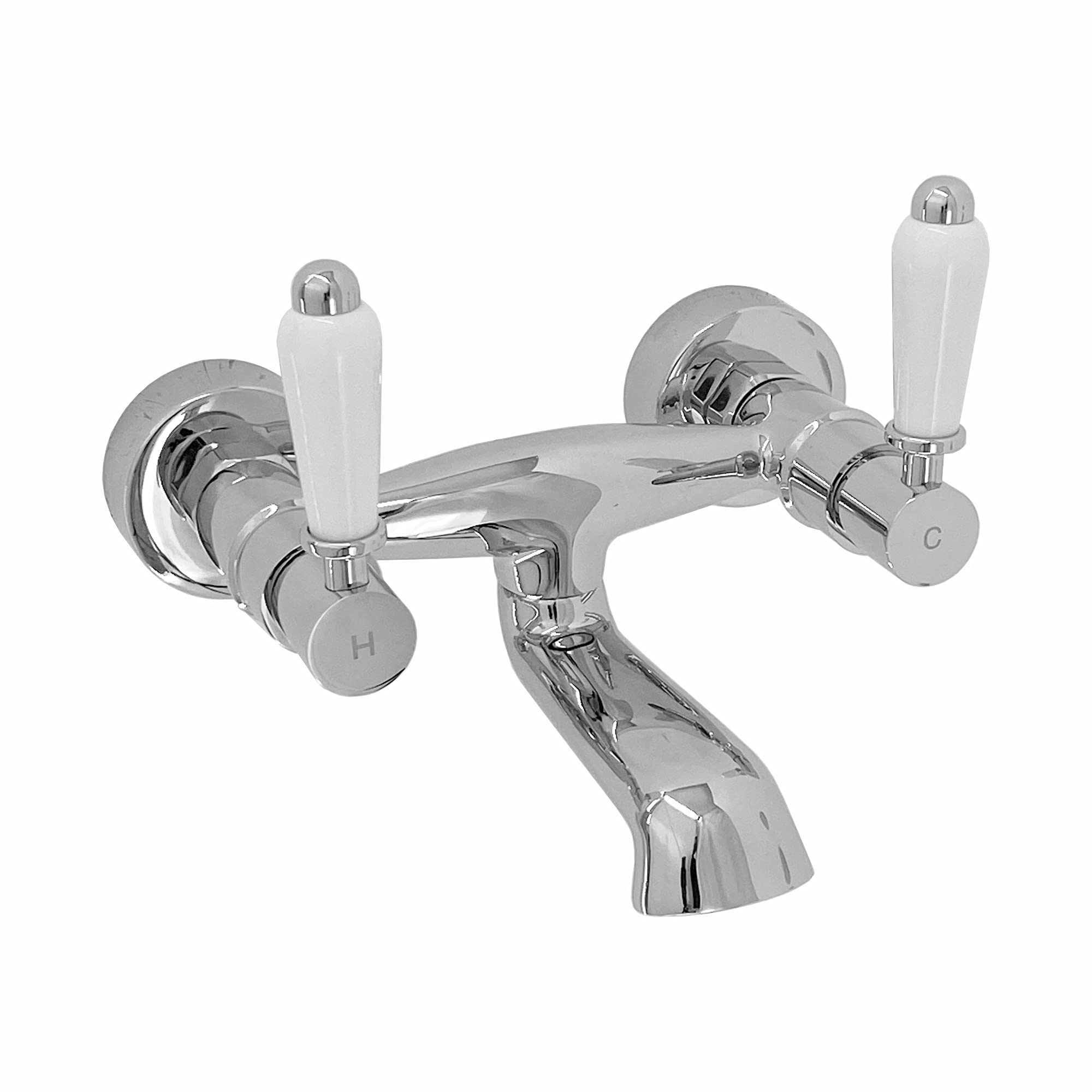 ENKI, Downton, BT0520 Wall Mounted Bath Mixer Tap with White Ceramic Levers Chrome