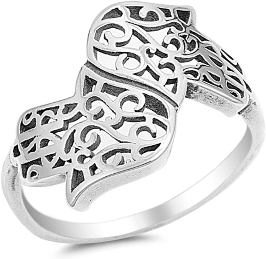 Double Hand of God Filigree Hamsa Ring New .925 Sterling Silver Band Sizes 5-10