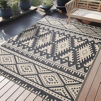OLANLY Outdoor Rug Waterproof 5x8 ft, Reversible Outdoor Plastic Straw Rug, Boho Patio Rug, Indoor Outdoor Carpet, RV Mat Outside for Patio, Camp, Picnic, Balcony, Deck, Backyard, Black & Beige