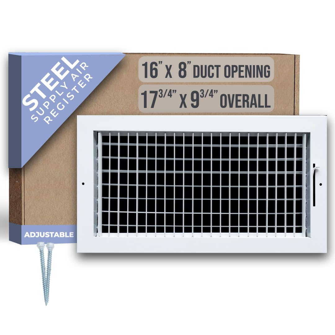 Photo 1 of Fits 16x8 Duct Opening Steel Adjustable Air Supply Grille by Handua | Register Vent Cover Grill for Sidewall and Ceiling | White | Outer Dimensions: 17.75" X 9.75"