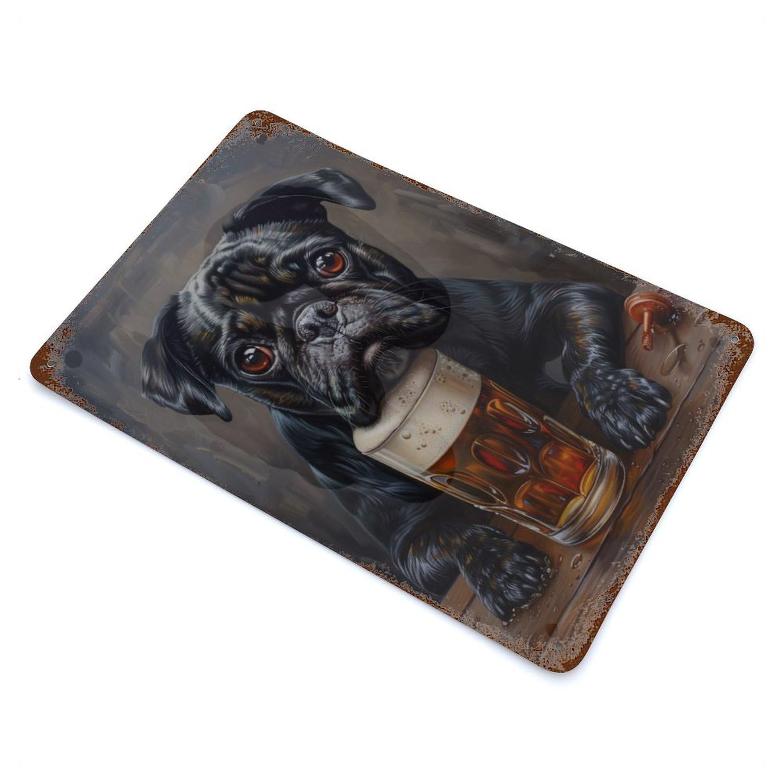 Black Pug Pint Beer Cute 11.8"x7.9" Vintage Metal Tin Sign, Novelty Wall Decor for Basement, Hobby Room And Garage Decor