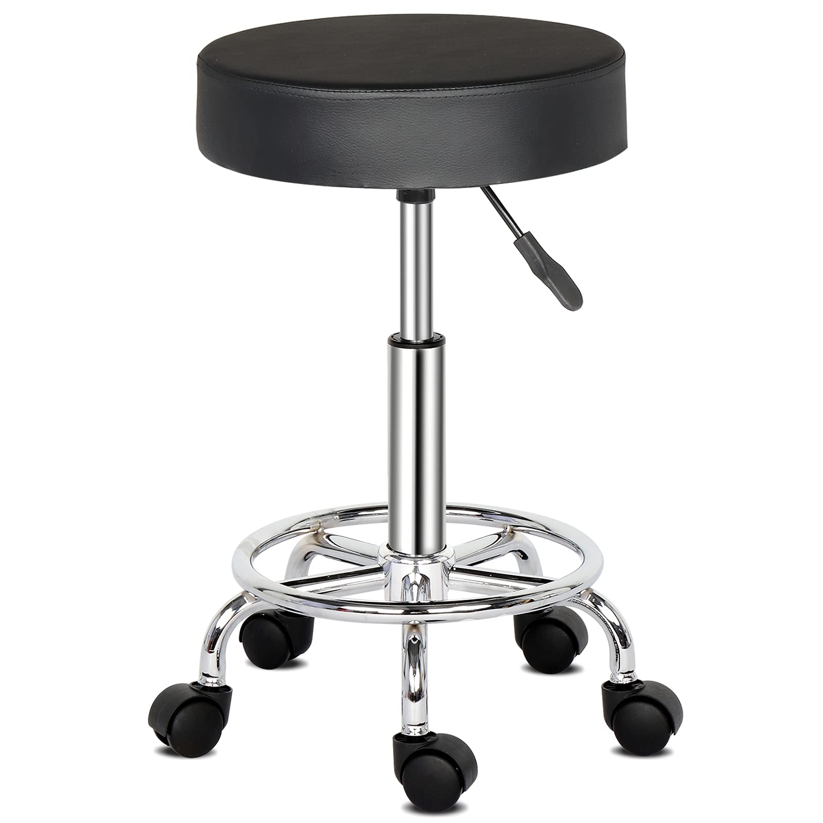 Bonnlo Round Rolling Stool with Wheels - Height Adjustable Swivel Stool - for Salon Massage Home Kitchen Clinic, Weight Capacity 400lbs (Black)