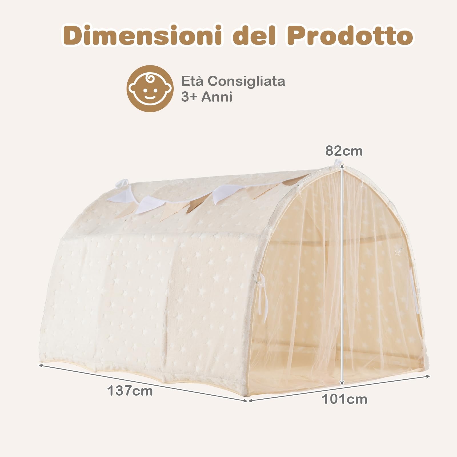 COSTWAY Tenda da Gioco per Bambini,Tenda Letto Cameretta con Stelle Luminose,Tende a Rete, Luci a Filo e Bandiere, Design Pieghevole, per Bambini 3+ Anni, 137 x 101 x 82 cm