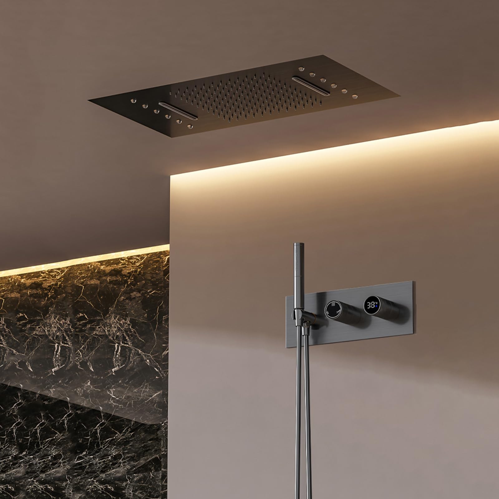 XJTNLB Columna Ducha Empotrada Led Negro, Rociador Ducha Rectangular Led Efecto Lluvia, Instalación Techo