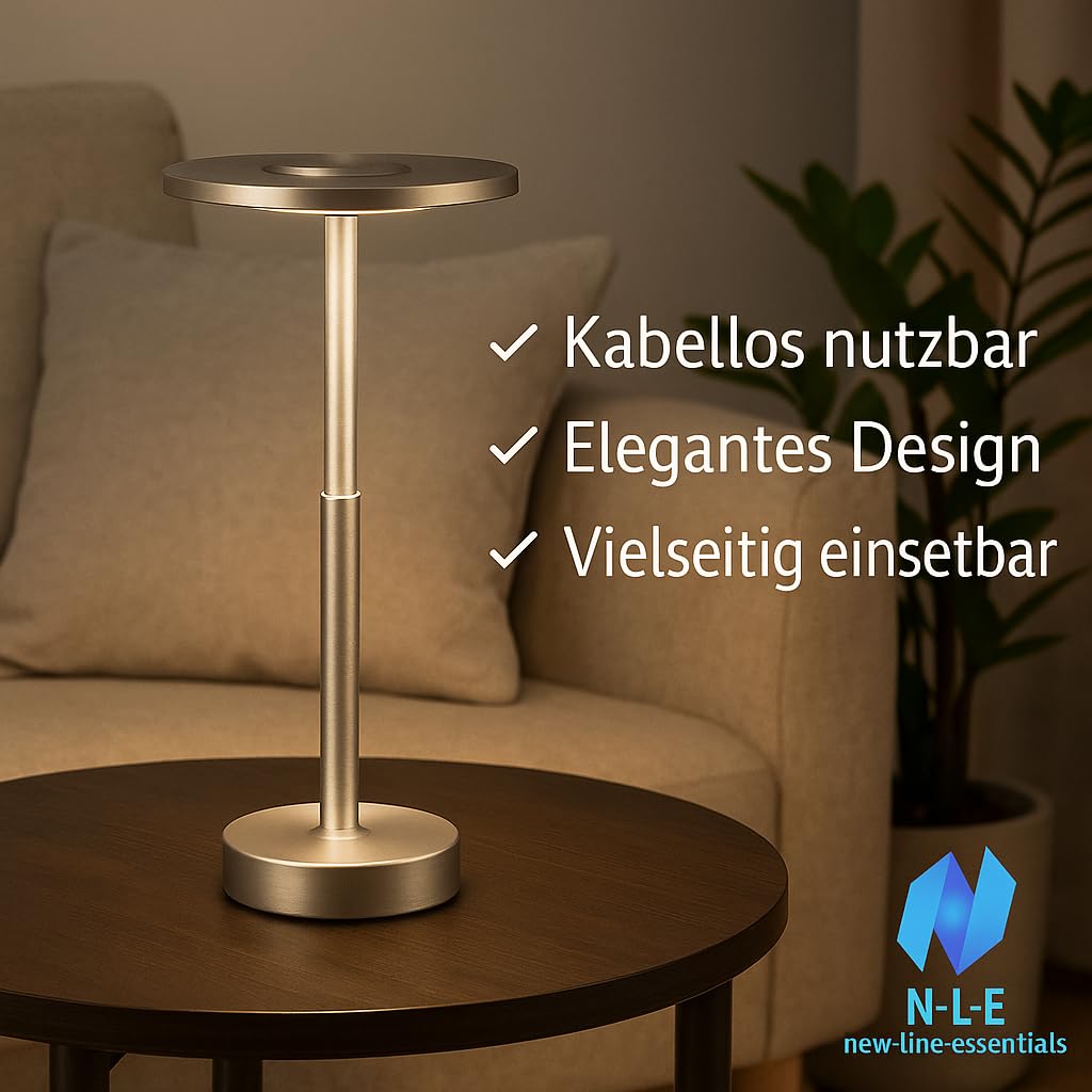 N-L-E Dimmbare LED Tischlampe kabellos mit 5200mAh Akku - 3 Lichtfarben (gold, 2 Stück)