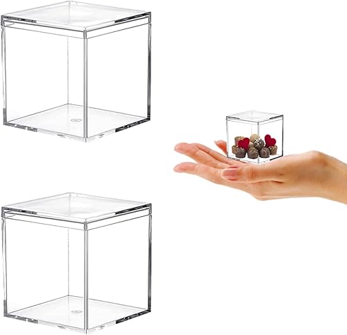 Pequeña caja de acrílico transparente de plástico cuadrado cubo, 2 paquetes de caja de regalo de plástico con tapa, regalos de fiesta de Pascua,