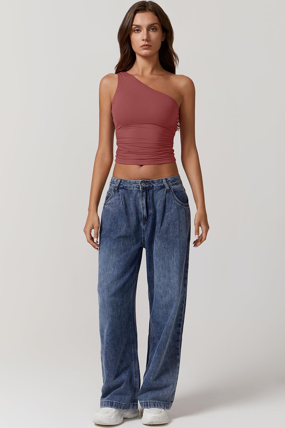 QINSEN Women's One Shoulder Tank Tops Double Lined Sleeveless Slim Fit Cropped Tee Shirt Y2k Tops - Image 6