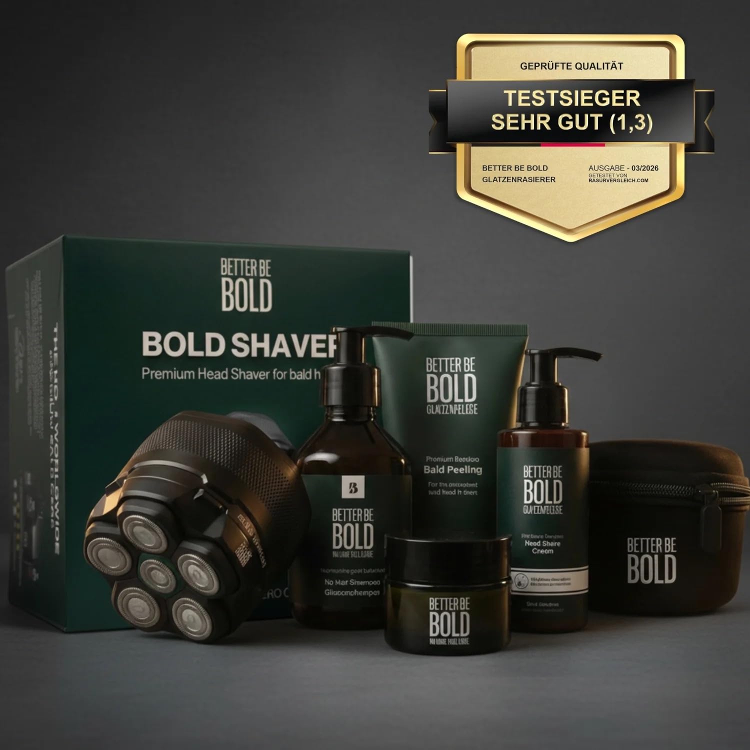 BETTER BE BOLD I "Bold Shaver Set 3.0 - Glatzenrasierer + After Shave Glatzenpflege 2.0 I Set gegen Glanz, Pigmentflecken & Trockenheit – Mit Glatzencreme, Glatzenpeeling, Shampoo & Aftershave