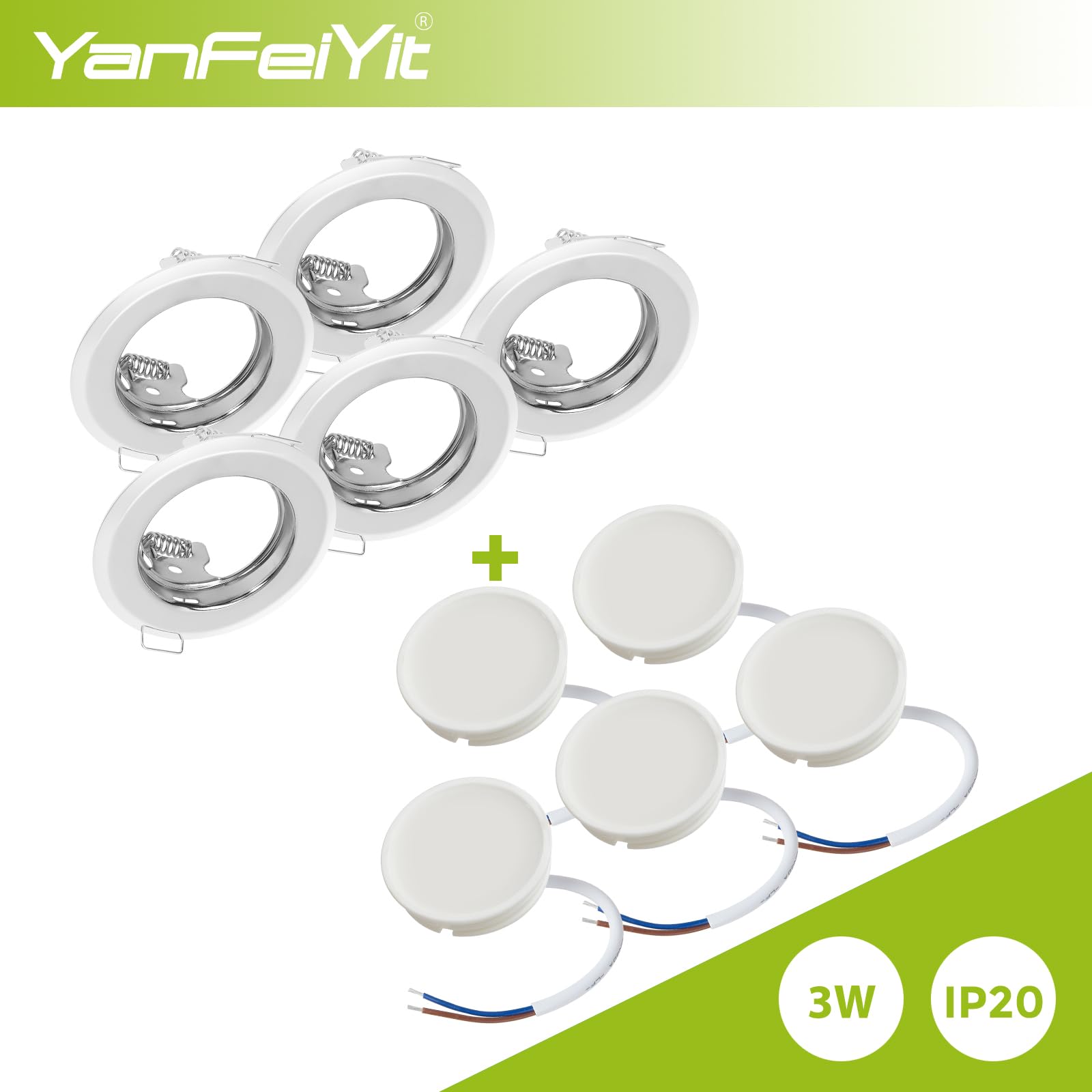 Lot De 5 Spots LED Encastrables Ronds YanFeiYit - Chromé, 3W, Variateur, Blanc Chaud 3000K