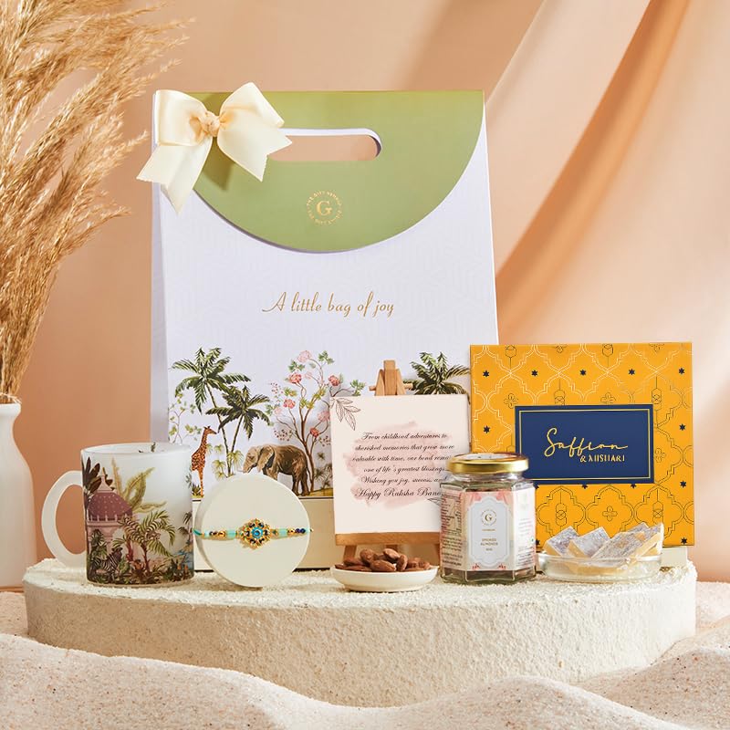 THE GIFT STUDIO.COM | Rakhi Vibe Hamper for Brother | Meenakari Bloom Rakhi, Kaju Katli, Smoked Almonds, Mug & Greeting Card | Raksha Bandhan Gift-image-29