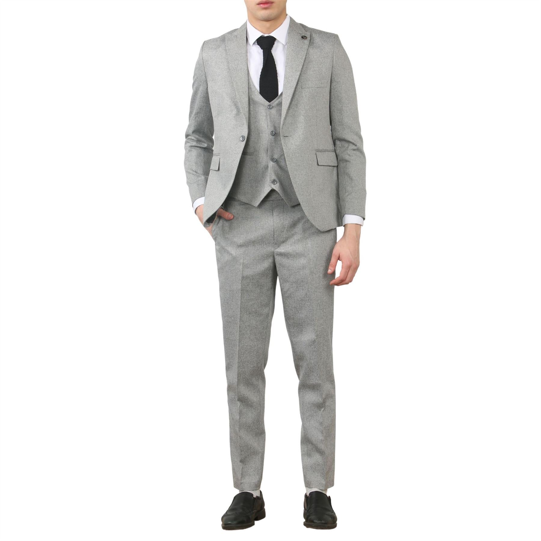 Men's 3 Piece Suit Grey Tailored Fit Wedding Classic Prom Formal Textured - Grey 52