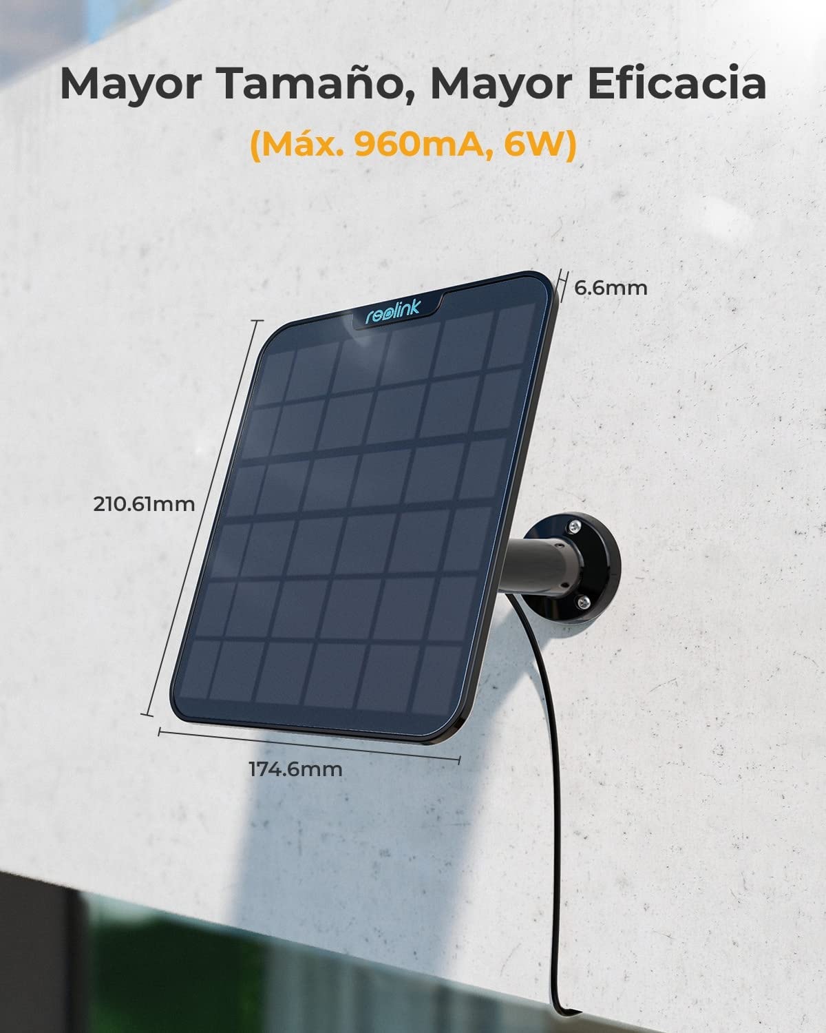 Reolink [Versión Actualizada 2023] 6W Panel Solar (Negro) para Cámara Vigilancia Inalámbrica con Batería, Fuente de Alimentación Continua, Impermeable, 360° de Montaje Ajustable(con Cable de 4m)