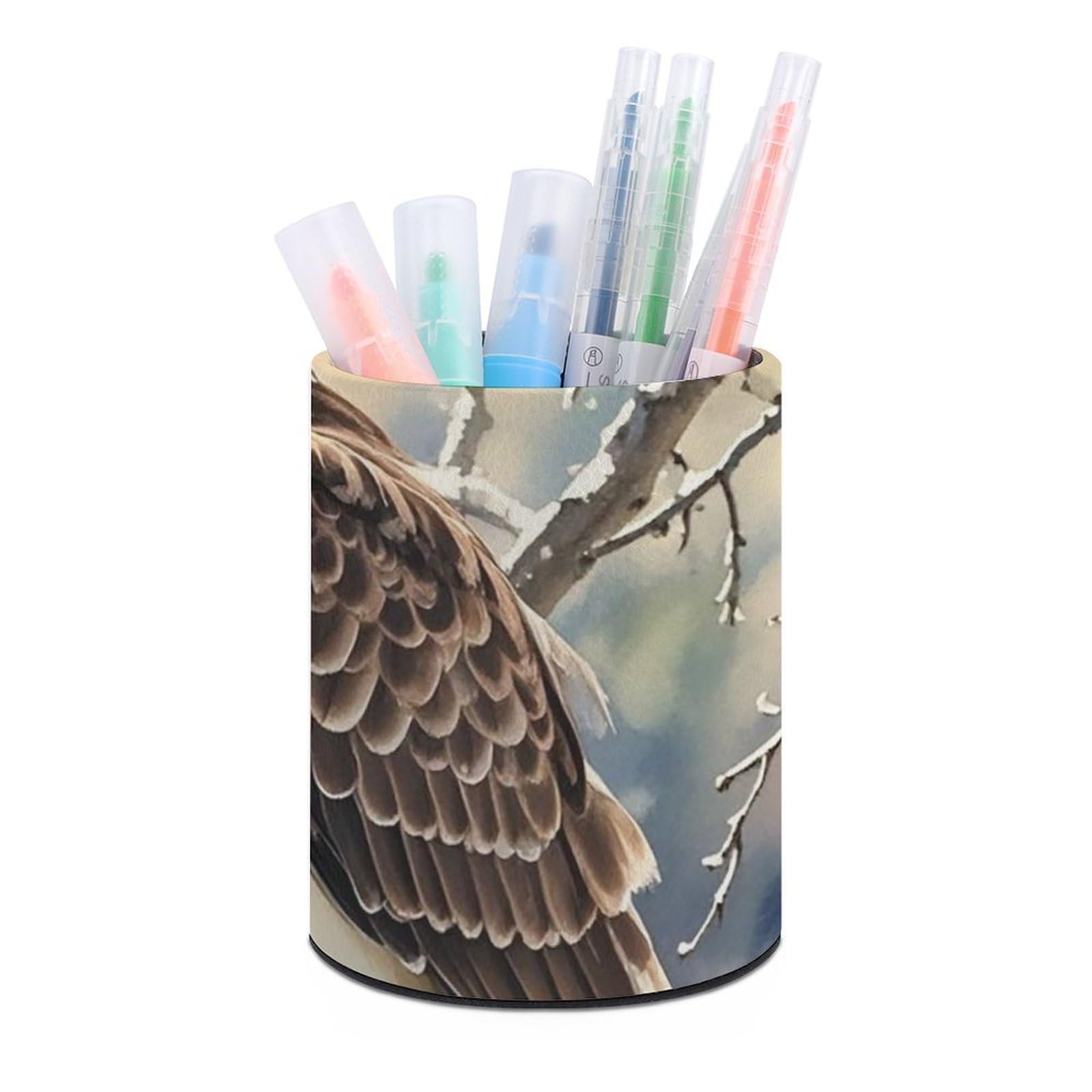 FekiLoot PU Leather Round Pen Holder Hawk Pencil Holder Desk Organizer Pen Organizer Pen Cup Pencil Cup Caddy Desktop Stationery Organizers for Office Home Supplies
