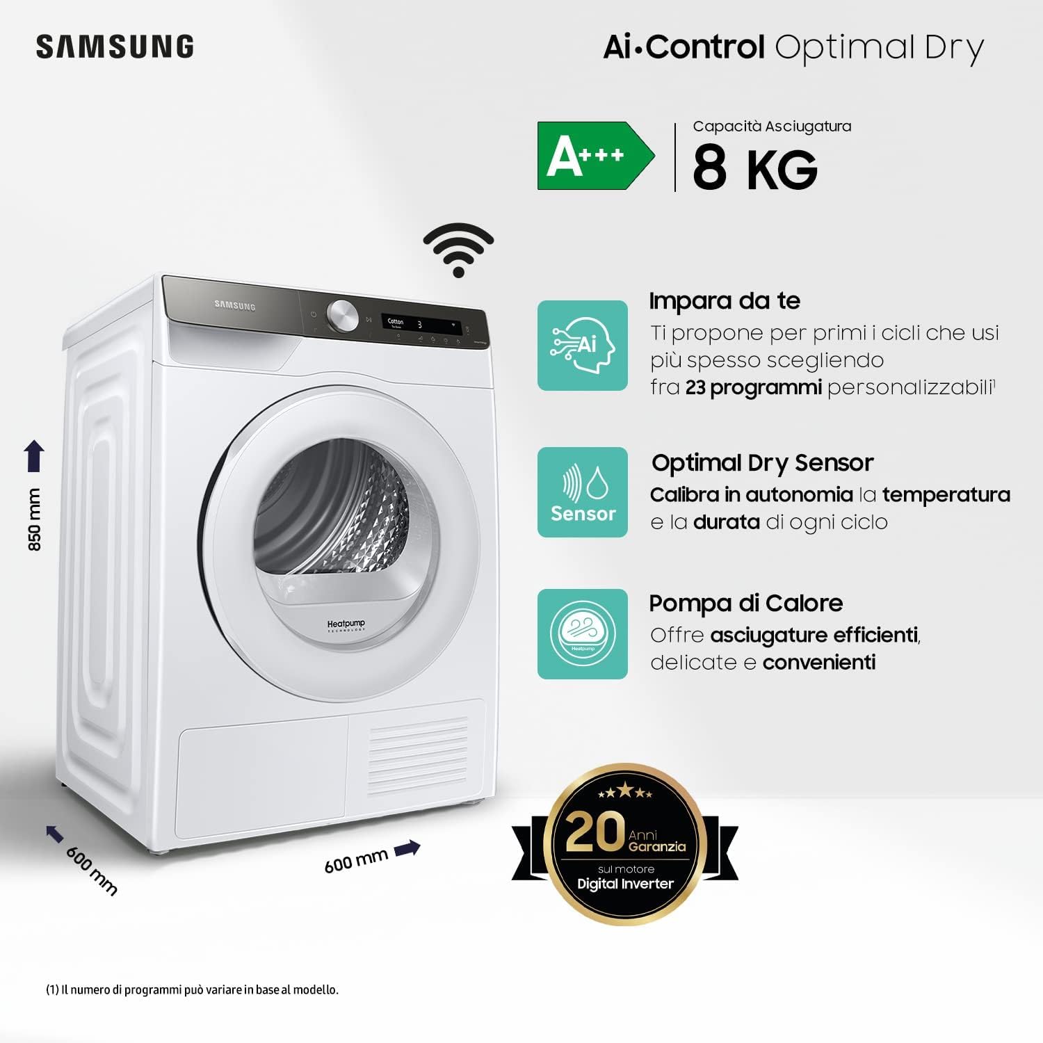 Samsung Asciugatrice Ai Control, DV80T5220TT/S3, 8 Kg, Pompa di Calore, Wifi, Sensore Optimal Dry, Filtro 2 in 1, Carica Frontale, 60l x 85h x 60p cm