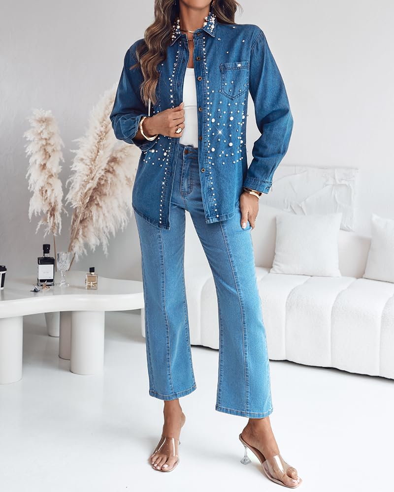 Camicia di Jeans da Donna con Perle e Strass | Camicia di Jeans Casual a Maniche Lunghe con Colletto e Bottoni | Abbigliamento Autunnale Casual e Leggero
