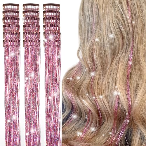 Aokomisu Hair Tinsel Clip in Pack of 18 Pcs 20 Inch Clip in Hair Tinsel Pink Glitter Tinsel Hair Extensions Fairy Hair Clips Party Dazzle Hair Accessories for Girls Kids Women (Pink-18 Pcs)