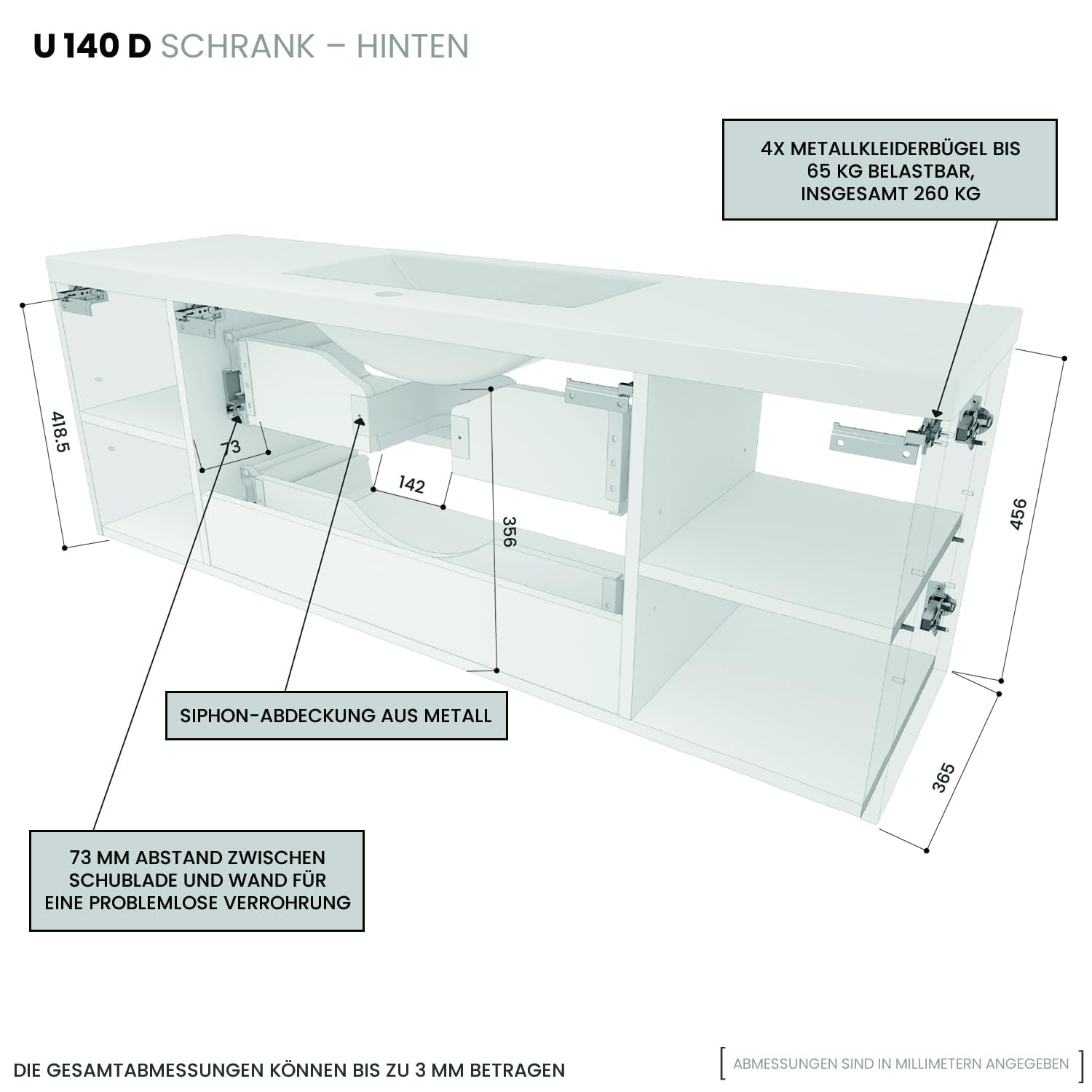 Badezimmer-Waschtischunterschrank 140 cm D ATH DC - Mattes Holzdekor - Schwarzer Mattgriff