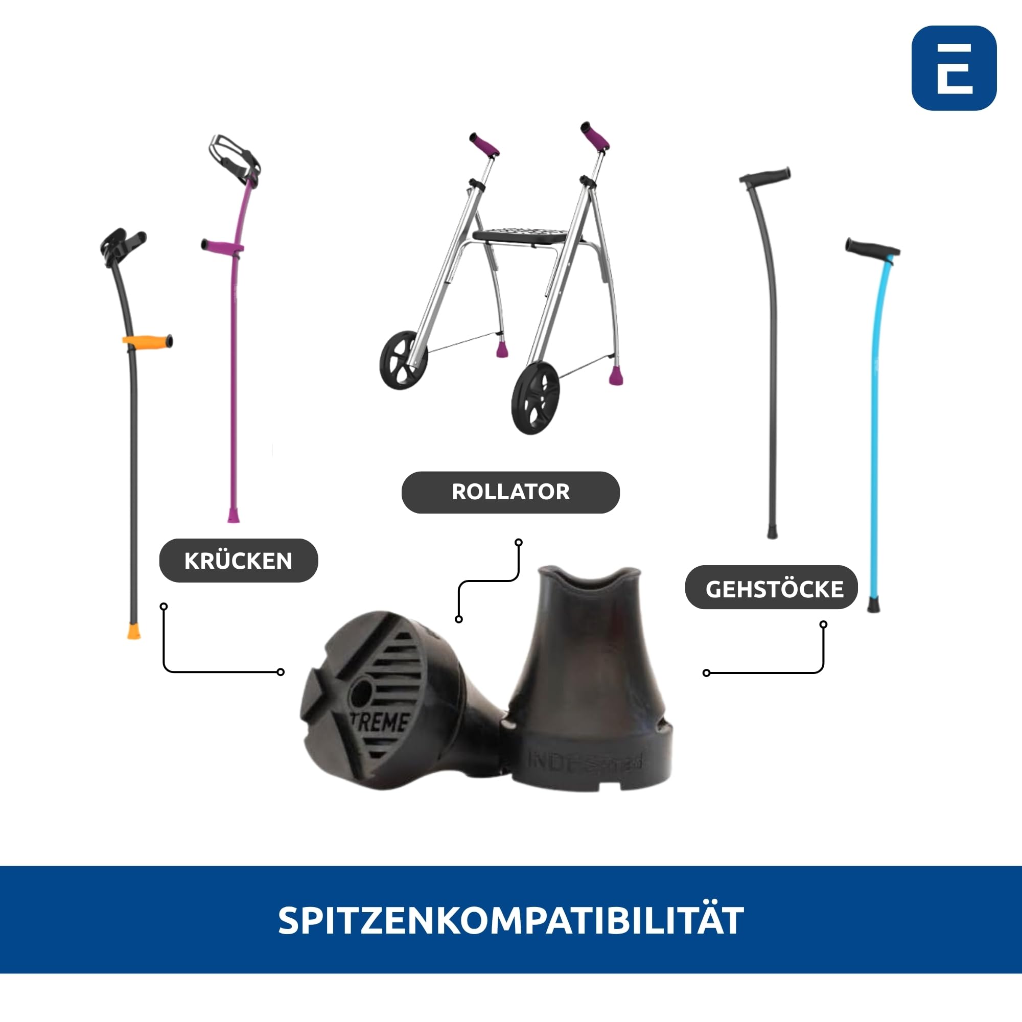 2x Stück Xtreme Gummipuffer für Krücken & Gehstöcke | 19-25 mm, Schwarz