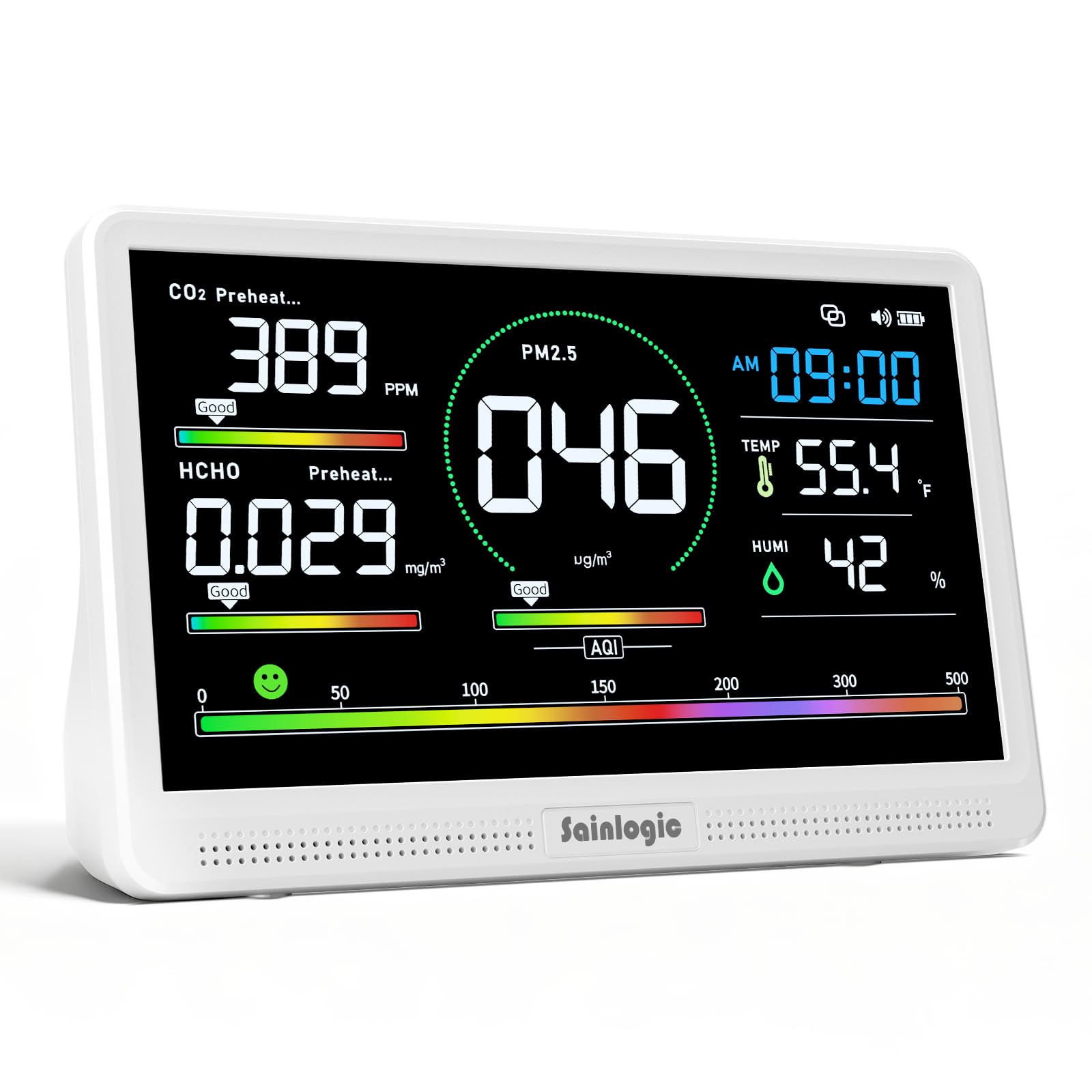 Sainlogic 16 in 1 Professional Air Quality Monitor Indoor with 7.2" Display & 3-Color 7 AQI Alerts,CO2 Monitor Air Quality Tester for CO2,HCHO,TVOC,