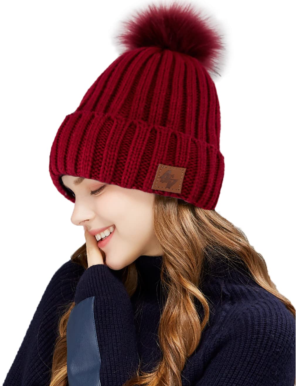 4Sold Women's Maroon Maroon Beanie Warm Winter Corkscrew Cable Knitted Bobble Hat Plain Ski Pom Wooly Cap