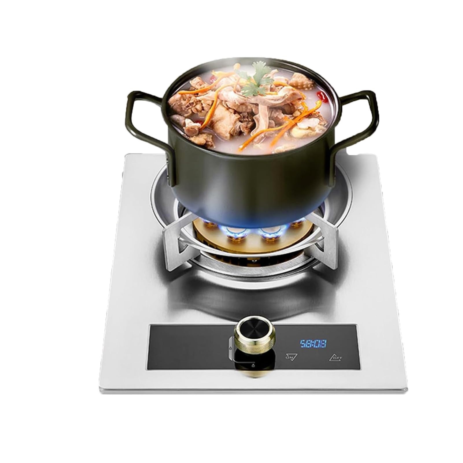 THEGA 5.2kw Stainless Steel Gas Cooker, 9-cavity High-fire Timer Automatic Ignition, Tempered Glass Freestanding Cooktop, with Flameout Protection(NG)