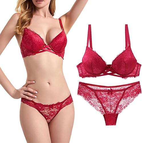 Swbreety Conjunto de brasier y bragas push up para mujer, conjunto de lencería sexy de encaje con aros y brasier acolchado