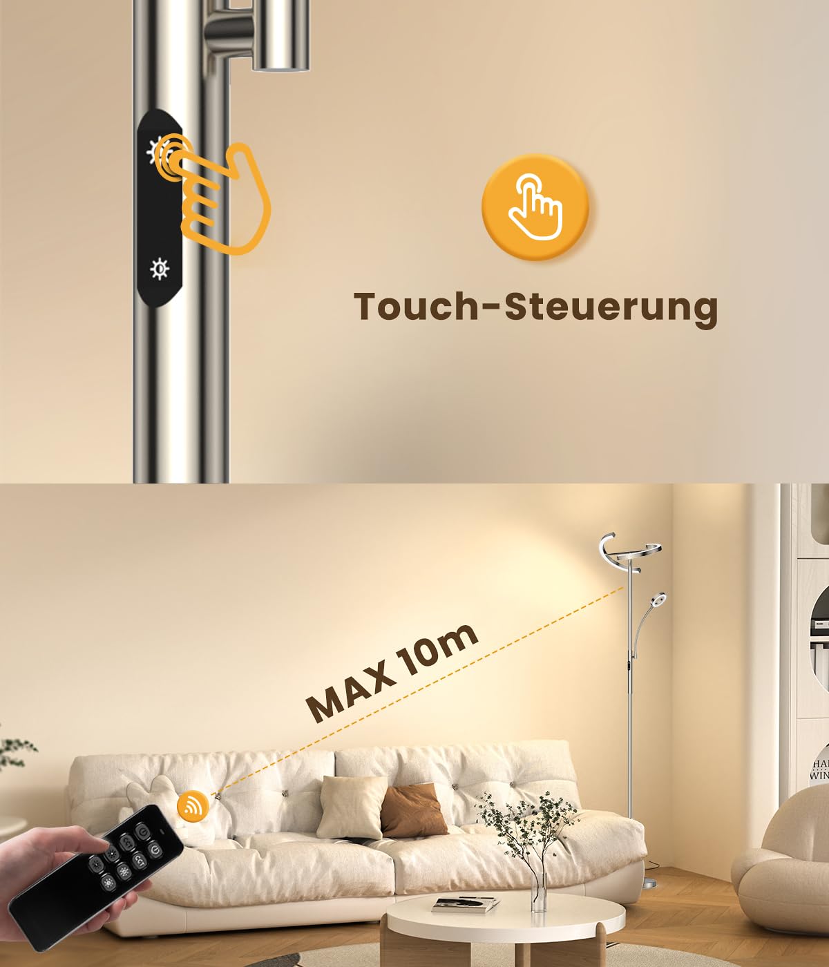 ANTENLICHT Stehlampe Dimmbar LED | Silber-Stehleuchte 20W mit flexibler 7W Leselampe | Modern deckenfluter mit fernbedienung mit 4 Farbtemperatur für Wohnzimmer, Schlafzimmer, Büro, Hotel