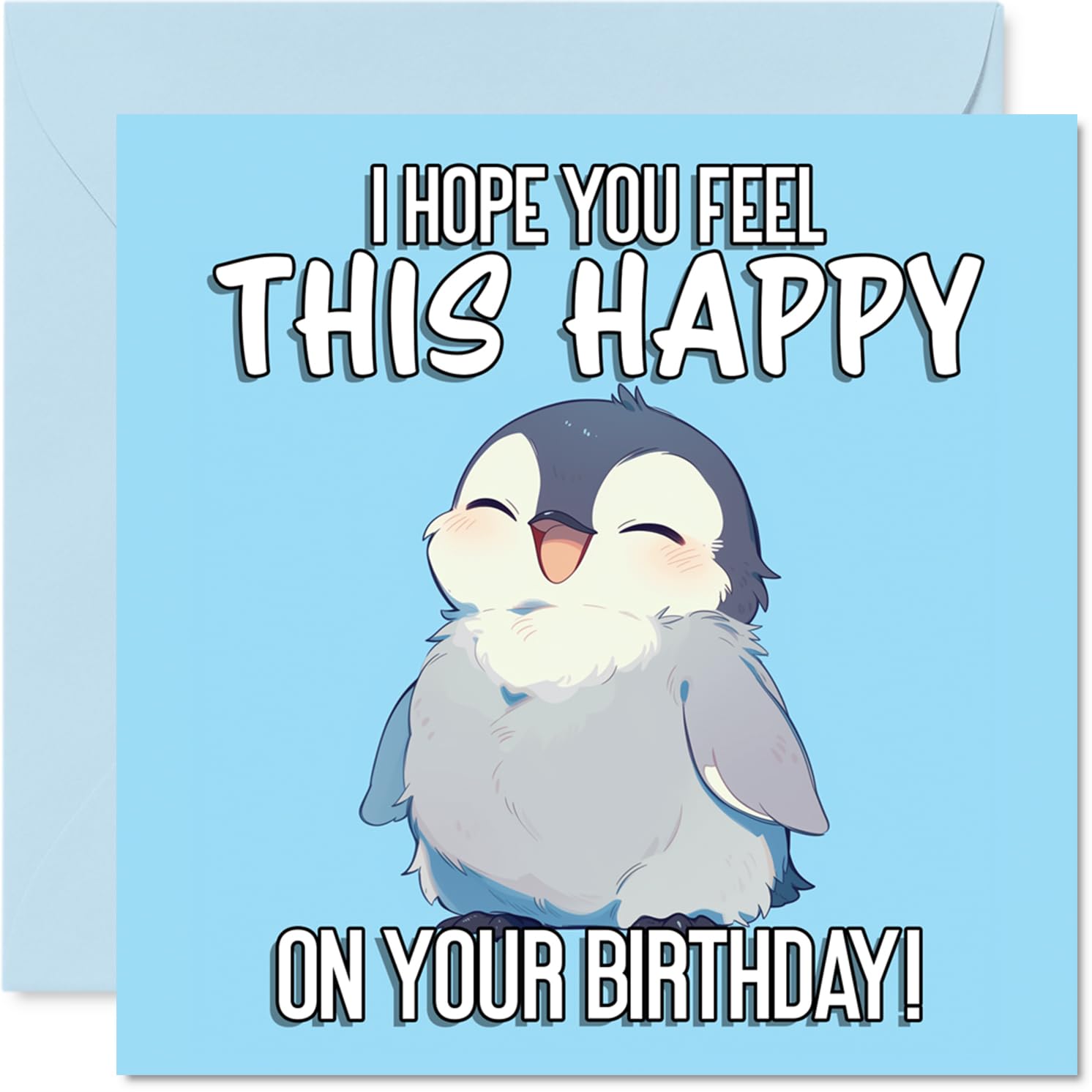 Cute Birthday Card - Spread Birthday Cheer - Adorable Cartoon Penguin on a Bright Blue Backdrop - Sure to Bring a Big Smile - 145mm Square, Envelope Included