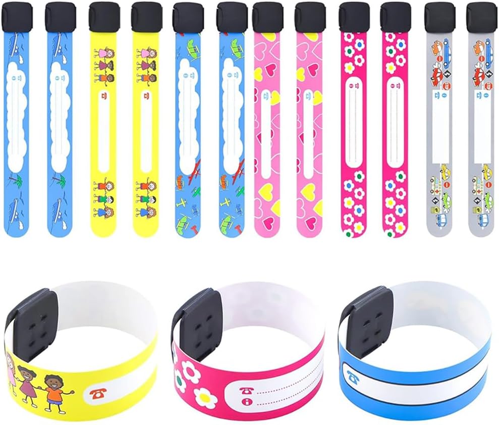 Climberty® Kids Safety ID Wristband - 12 Pack Waterproof PVC Wristband, Write-on Wristband Anti-Lost Identification Wristband with Buckle for Travel, Outing, Group Activity, 19.2cm x 2.15cm