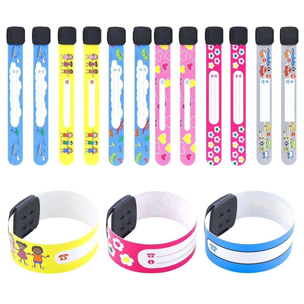 Climberty® Kids Safety ID Wristband - 12 Pack Waterproof PVC Wristband, Write-on Wristband Anti-Lost Identification Wristband with Buckle for Travel, Outing, Group Activity, 19.2cm x 2.15cm