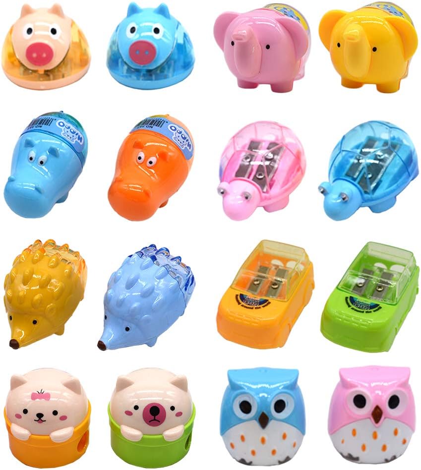 Cartoon Animal Pencil Sharpeners, Cute Two-Holes Plastic Pencil Sharpener, School Student Stationery Supplies (set of 16)