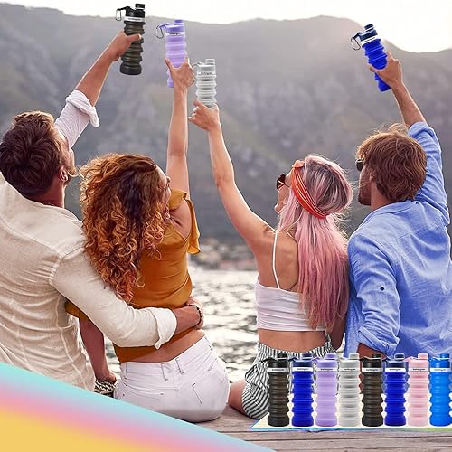 Miniatura 6 de Botella de agua plegable de silicona, botellas de agua plegables de viaje, 18.6 fl oz con mosquetón, botellas de agua deportivas portátiles para