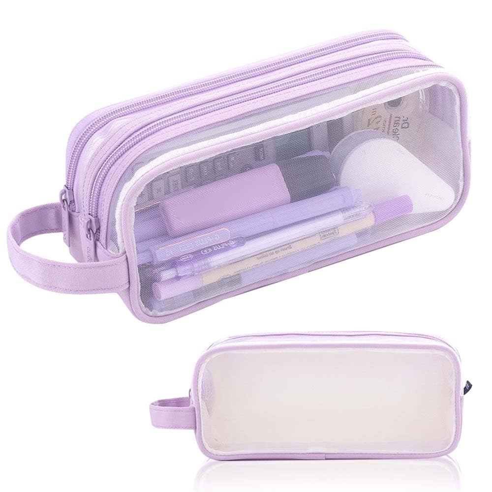 Clear Pencil Case Large, Clear Mesh Pencil Case Pouch, 2 Compartment Pen Bag Clears Multifunction Pencils Pouch Transparent Makeup Bag for Teen Student College Business Travel Office Adult (Purpre)