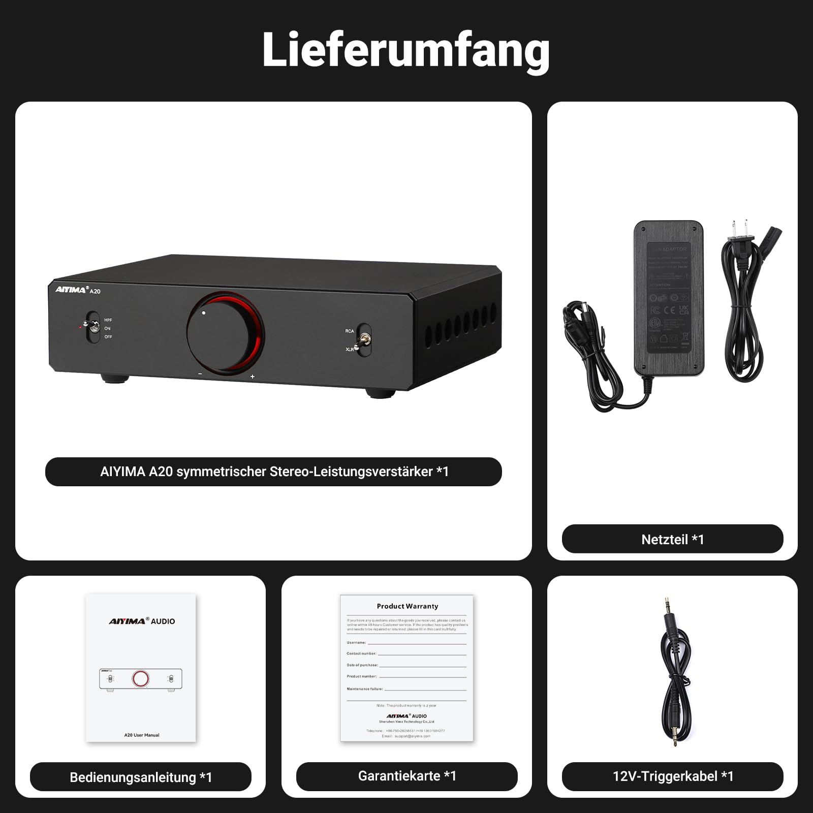 AIYIMA A20 Symmetrischer Stereoverstärker mit HPF-Einstellung Home HiFi 2.0/2.1 TPA3255 Desktop-Verstärker der Klasse D PFFB mit Cinch-/XLR-Eingang und 12-V-Trigger-Eingang für Passive Lautsprecher