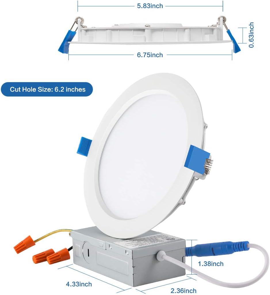 JJC 6 Inch Ultra Thin Led Recessed Lighting with Junction Box,5000K Daylight White, CRI90+, IC Rated,850 Lumens 13W 65W Eqv. Dimmable Led Downlight ETL and Energy Star Certified- Pack of 12
