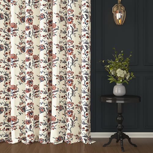 Image of Story@Home Cotton Curtain | Curtains 8 Feet Long Set of 2 | Floral Printed | Bohemian Curtain | Room Darkening | Semi Long Door Curtains for Living Room | (116 X 242 Cm, White & Navy Blue /Brick Red)