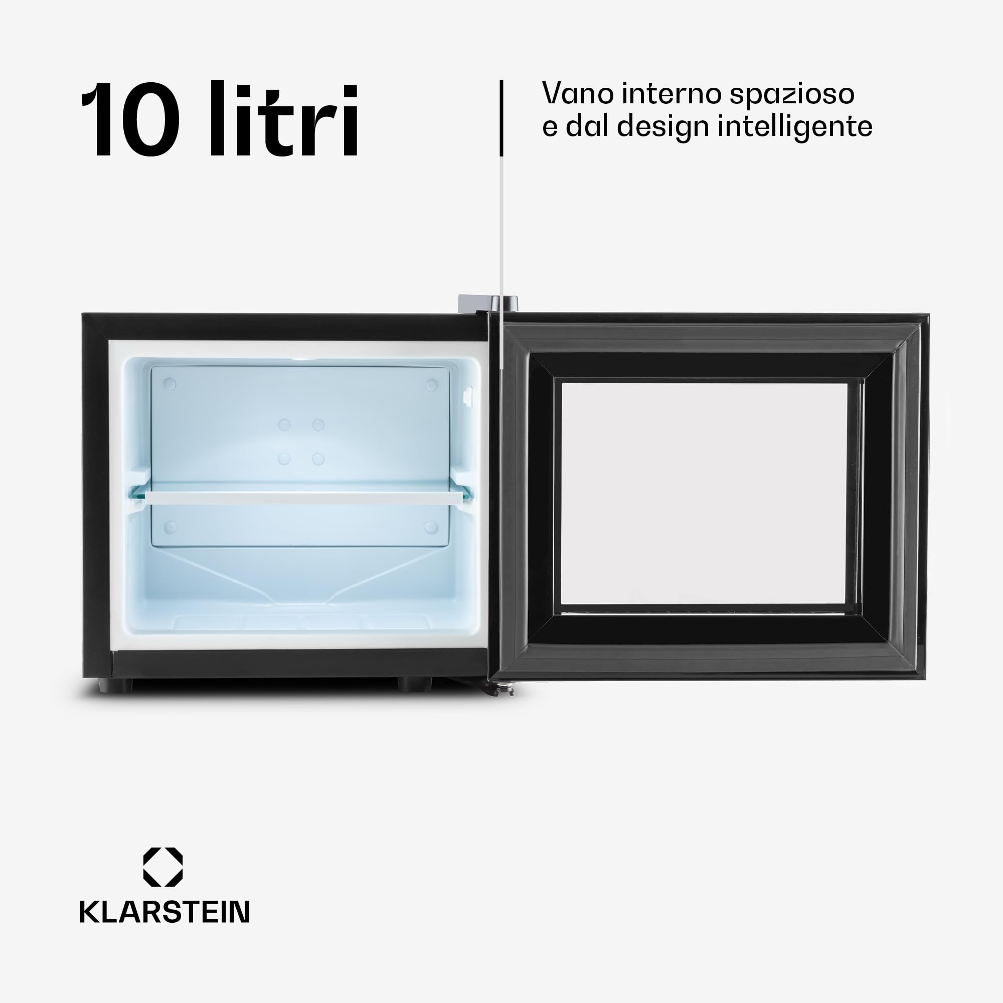 KLARSTEIN Frosty Compact Line - Frigo Compatto, Mini Frigo, Ultracompatto, 65 Watt, Porta in Doppio Vetro Isolato, 10 Litri, Classe A, Temperatura tra 12° e i 18° C, Illuminazione LED, Nero