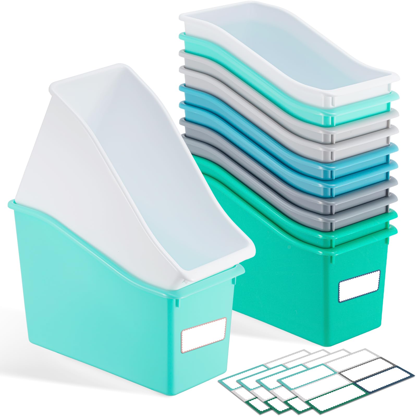 geetery 24 pcs book bin for classroom with 24 pcs labels stackable plastic organizing bins 11.5 x 5.4 x 7.5 in book holders storage bins box baskets for classroom library home (morandi color)