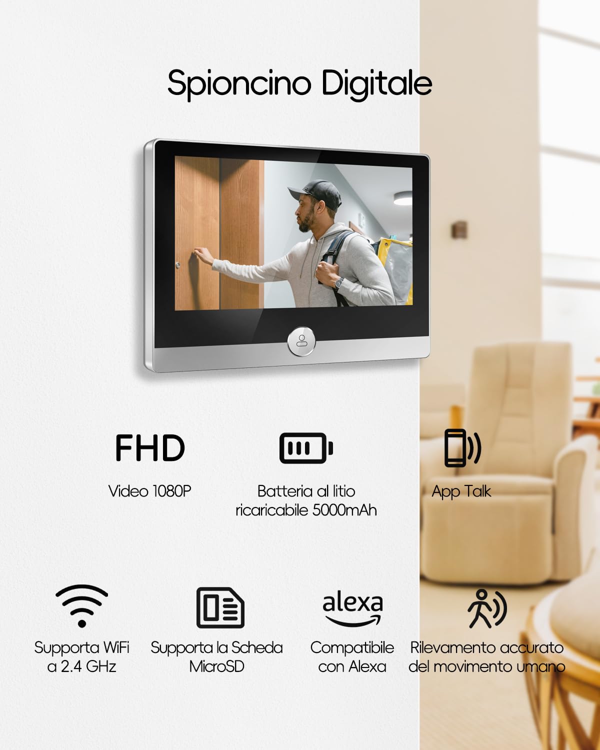 Jeatone Spioncino Digitale Wifi,Video Spioncino Senza Fili con Monitor 4,3" Pollici,Spioncino Digitale Porta Blindata,Visione Notturna,Rilevamento Movimento PIR, Audio Bidirezionale,158 °Grande Angolo