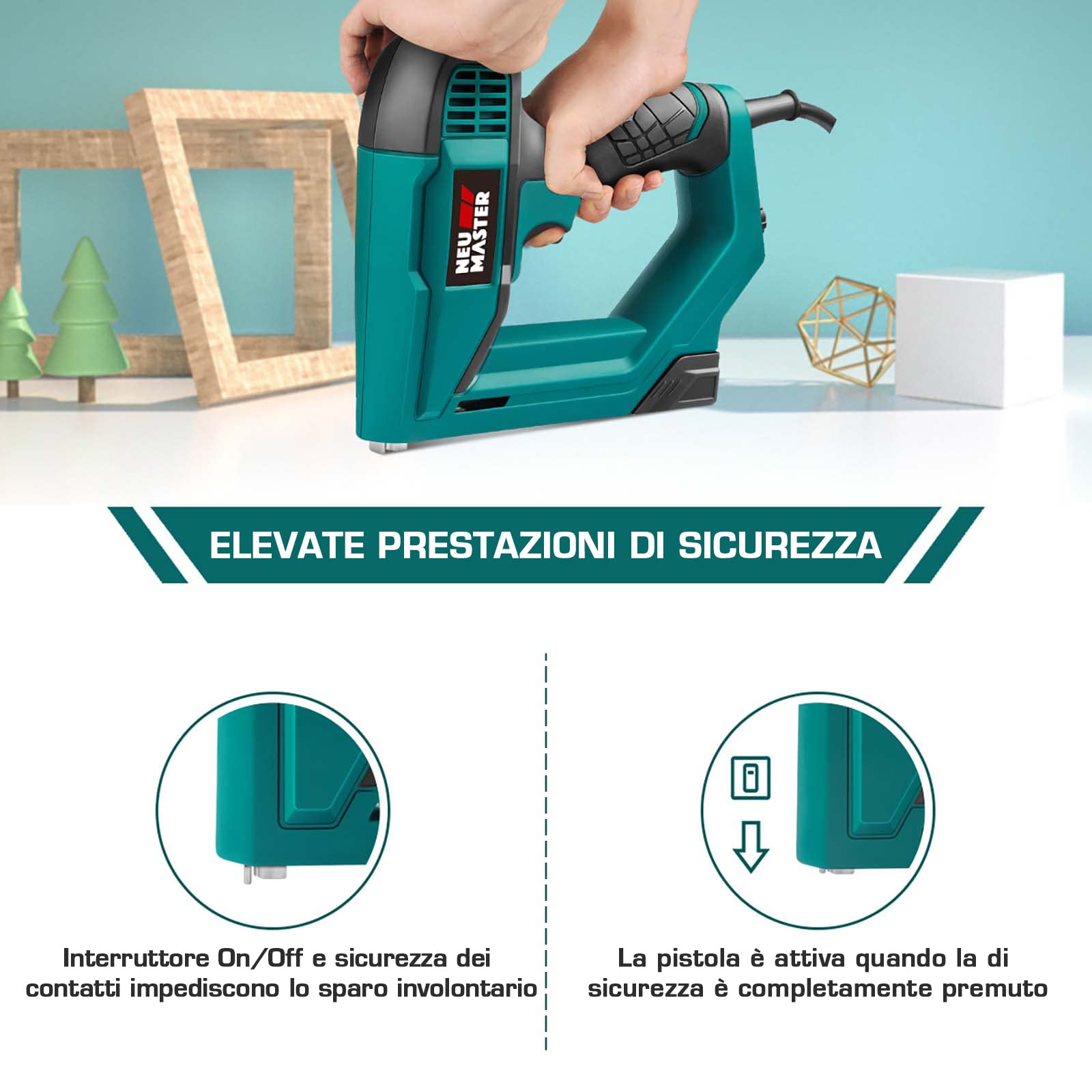 NEU MASTER Sparachiodi Elettrica, Graffettatrice/Chiodatrice Elettrica per DIY Tappezzeria Leggera/Legno/Lavori Tessili, Inclusi 400 Graffe e 200 Chiodi