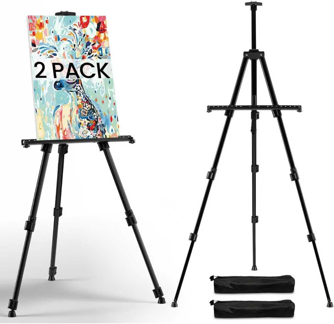 Art Easel for Painting and Display – 2pcs Adjustable Floor 66 Inch Folding Aluminum Easel Stand for Sign - Table Top Canvas Stand - Portable Drawing Paint Heavy Duty for Artist Adults Holder or Teen