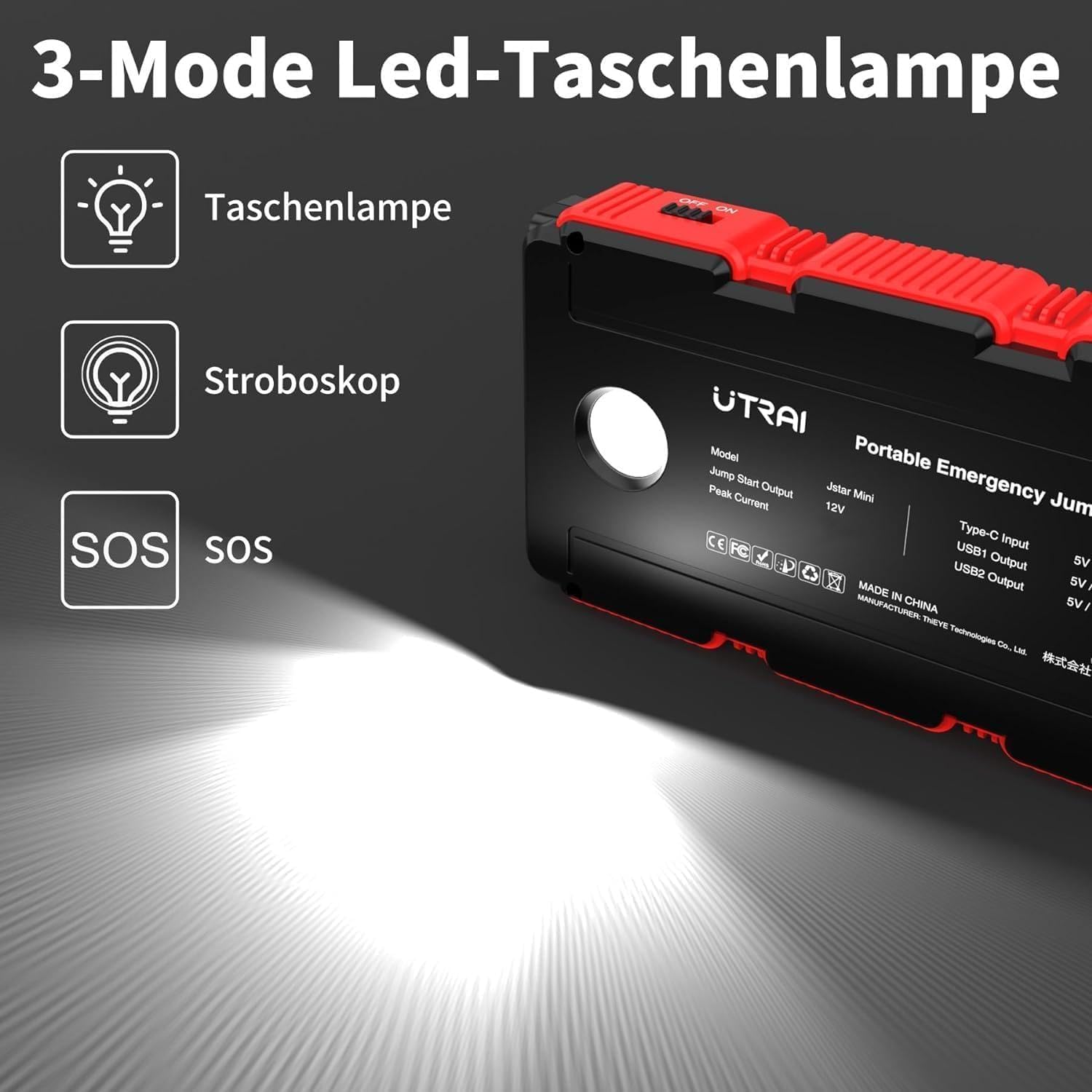 UTRAI Jstar Mini jump starter displaying its 3 LED flashlight modes: normal light, strobe, and SOS.