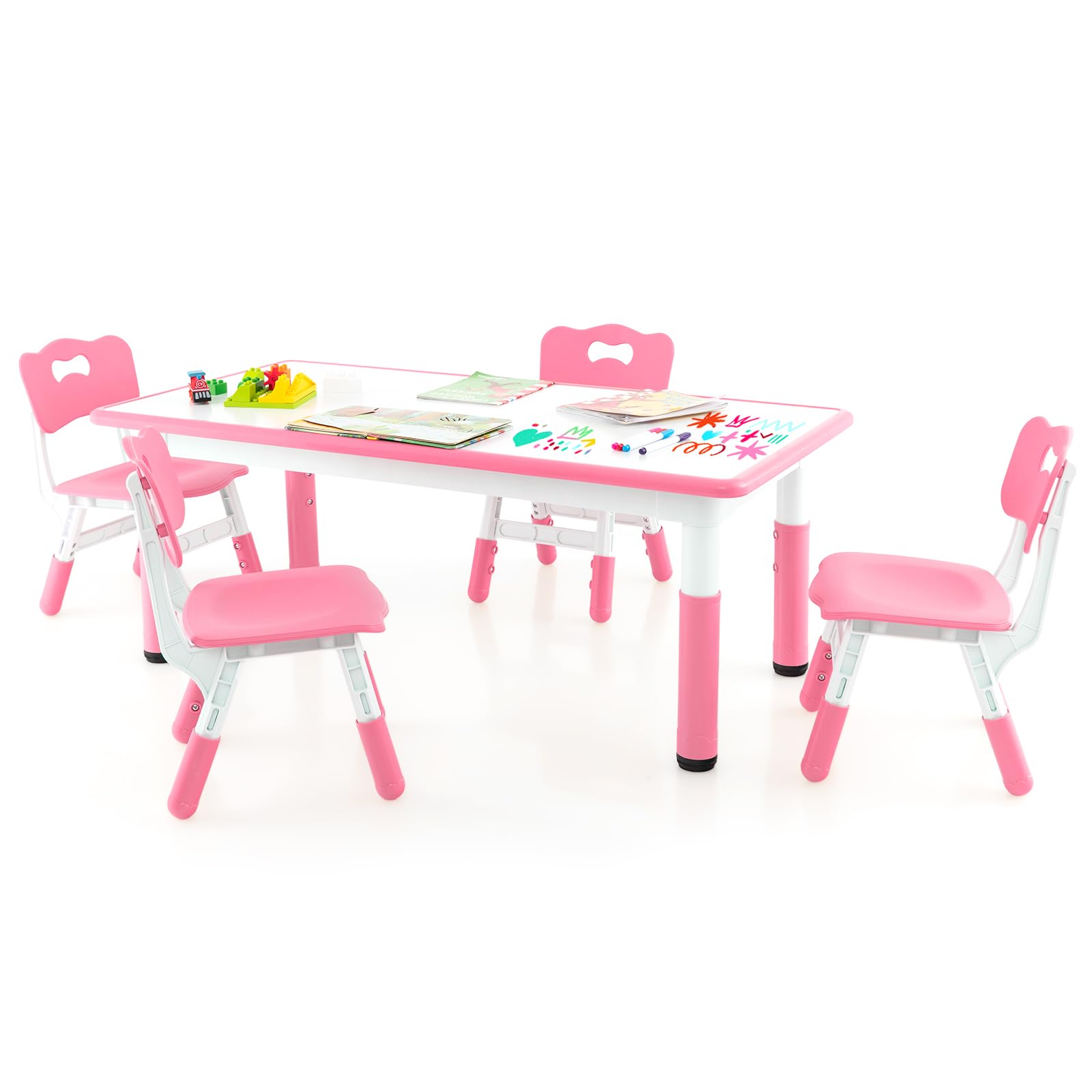 DREAMADE Kindertisch mit 4 Stühlen, Höhenverstellbares Kinder Tisch und Stuhl Set mit Graffititischplatte & rutschfesten Beinen, Kindersitzgruppe Kindermöbel für Kindergärten und Kinderzimmer (Rosa)