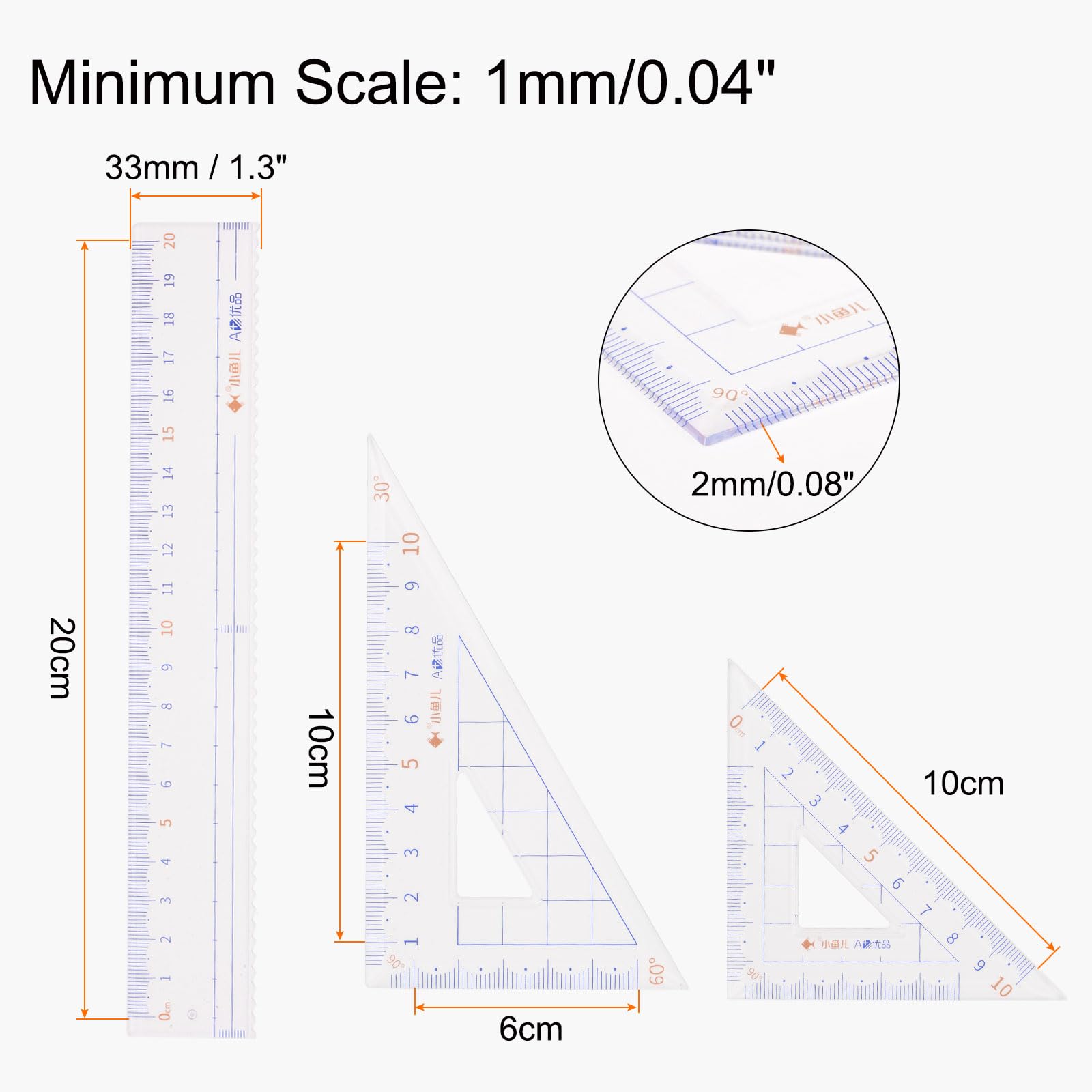 uxcell 4 in 1 Ruler Set 20cm Straight Ruler Protractor Triangle Measuring Tool with Wavy Line for Classrooms Home Office Transparent - Image 2