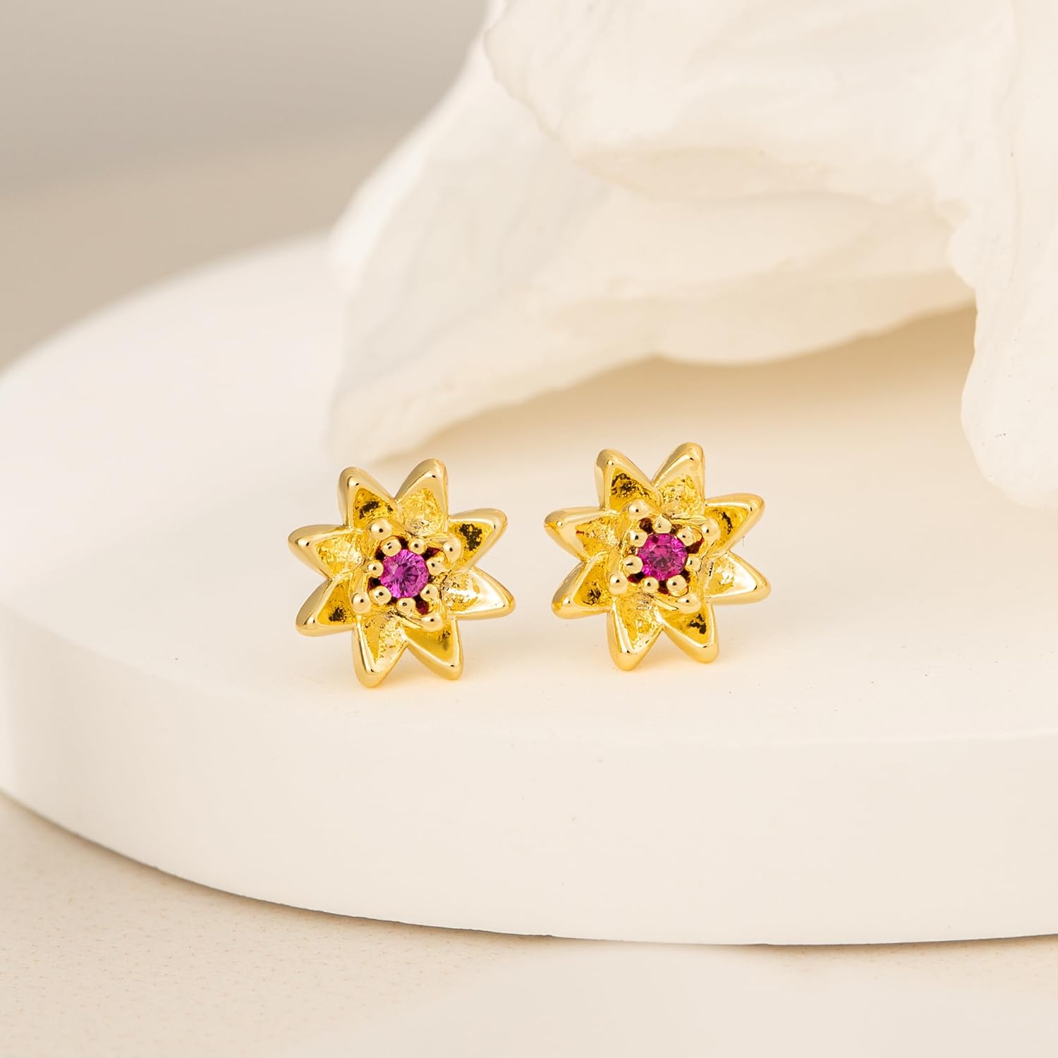Gold Earrings-14K Gold Plated Flower Earrings Dainty Birthstone Cubic Zirconia Studs Flower Earrings for Women Birthday Gift for Her - Image 6