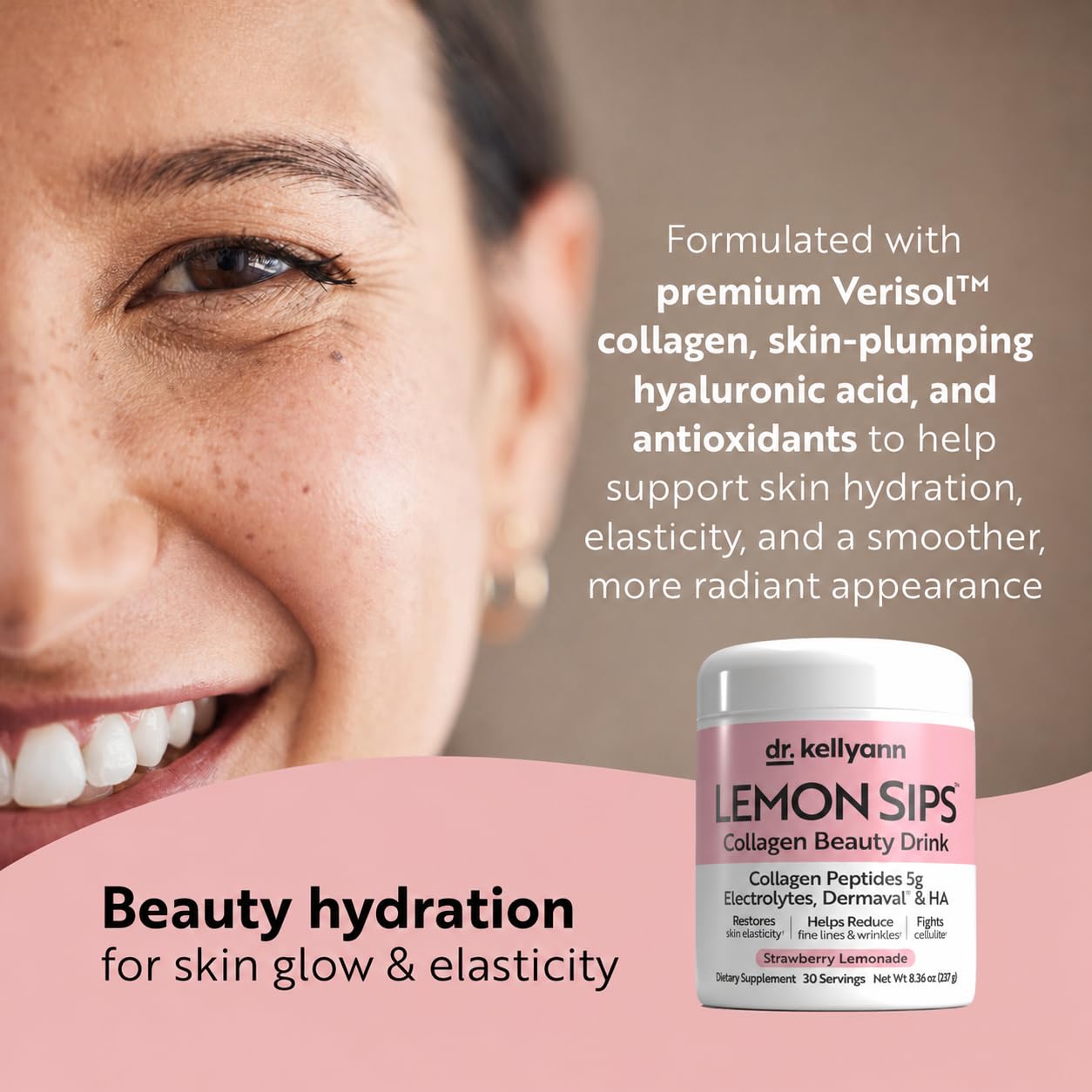 Dr. Kellyann Lemon Sips with Verisol Collagen Peptides, Dermaval & Hyaluronic Acid, Sugar-Free Hydrating Electrolyte Powder, Strawberry Lemonade Flavor, 30 Servings — Amazon image 6