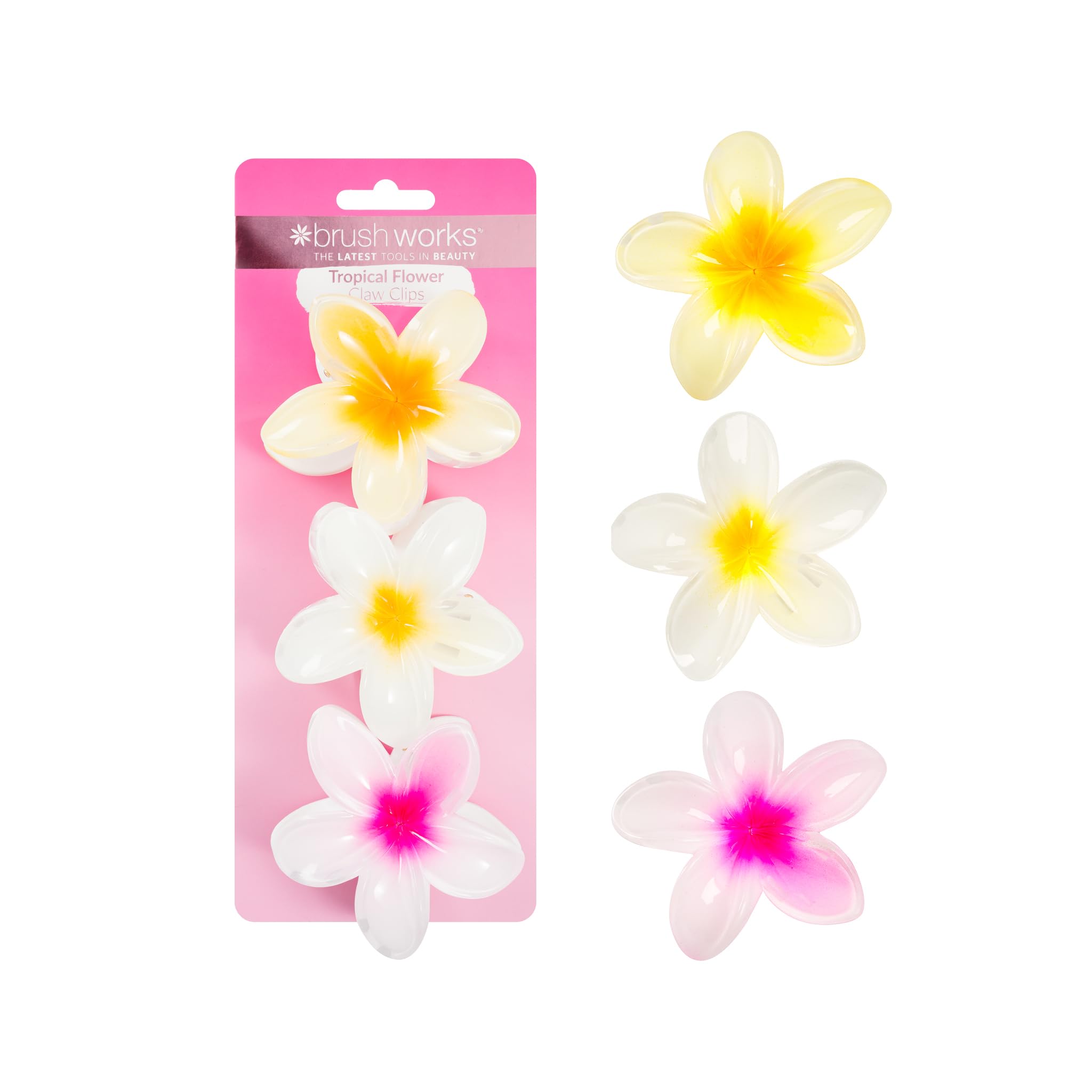 Brushworks Tropical Flower Claw Clips (3-Pack) – Glossy Floral Hair Clamps, Secure Grip for Thick & Thin Hair, Hawaiian Plumeria Flower Summer Hair Accessories for Women & Girls, Vegan & Cruelty-Free
