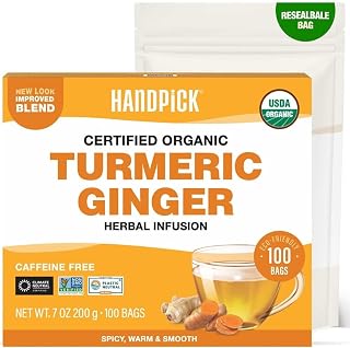 Organic Turmeric Ginger Tea (100 Tea Bags) | Indian Origin | Caffeine Free, Gluten Free, Non-GMO | Savory & Spicy I Ecofriendly round tea bags